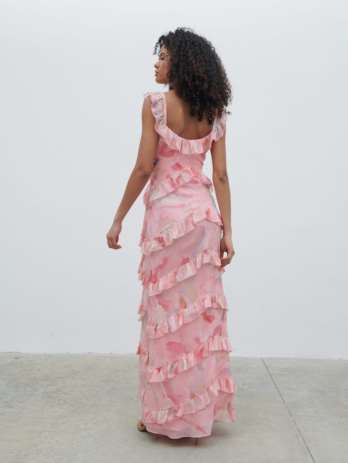 Graziela Is 5'9.5" & Wears Size UK 6|Cecile Scoop Neck Ruffle Maxi Dress - Pink Marble Ombre