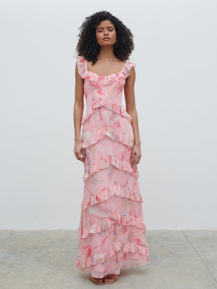 Graziela Is 5'9.5" & Wears Size UK 6|Cecile Scoop Neck Ruffle Maxi Dress - Pink Marble Ombre