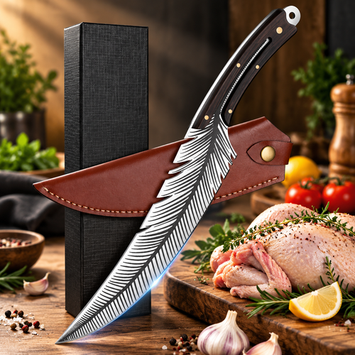 Professional Boning Knife, High Carbon Steel Ultra Sharp Meat Knife with Wooden Handle & Protective Sheath