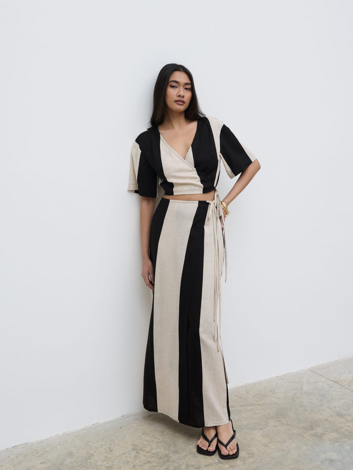 Candy Is 5'6" & Wears Size UK 8|Chaya Printed Wrap Top - Cream and Black