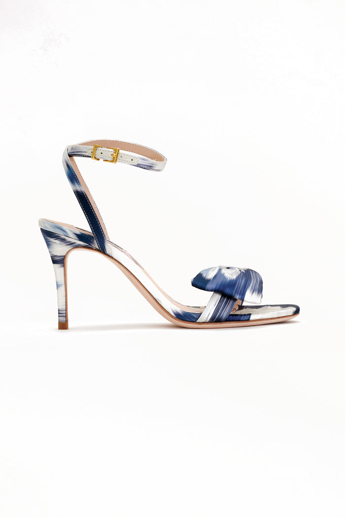 CHELSEA BLUE WHITE FLORAL SATIN 3 INCH OPEN TOE PUMP