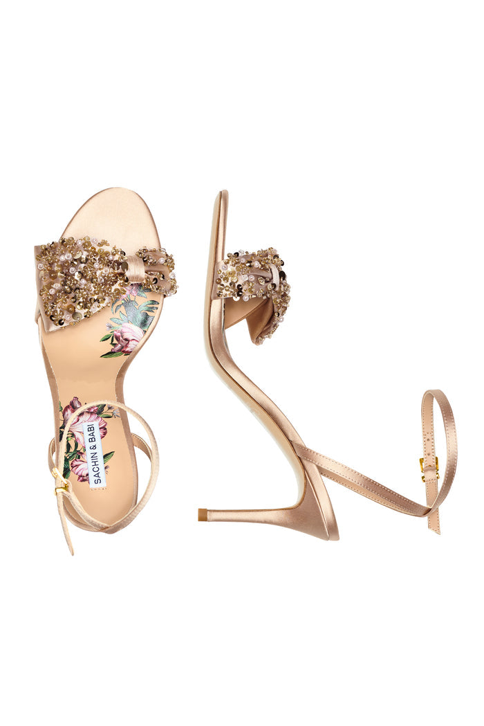 CHELSEA CHAMPAGNE SATIN 3 INCH OPEN TOE PUMP