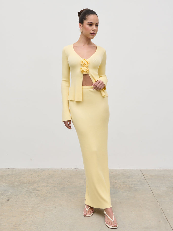 Elissa Is 5'8.5" & Wears Size UK S|Clemmie Knit Maxi Skirt - Pale Lemon