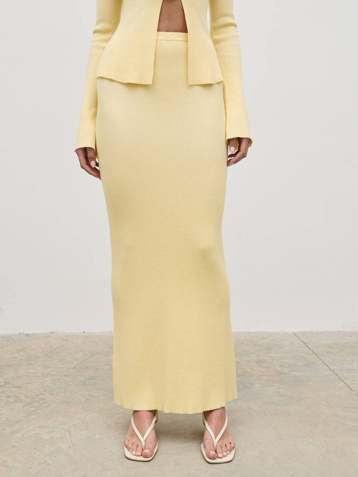 Elissa Is 5'8.5" & Wears Size UK S|Clemmie Knit Maxi Skirt - Pale Lemon