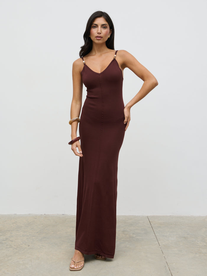 Lygia Is 5'9" & Wears Size UK S|Connie Beaded V Neck Knit Maxi Dress - Brown