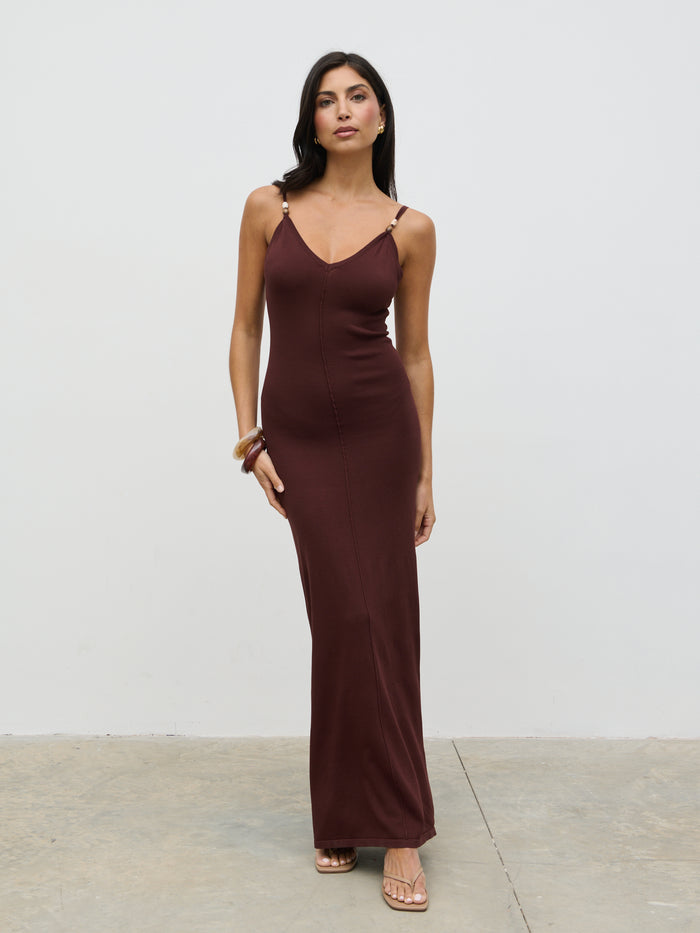 Lygia Is 5'9" & Wears Size UK S|Connie Beaded V Neck Knit Maxi Dress - Brown