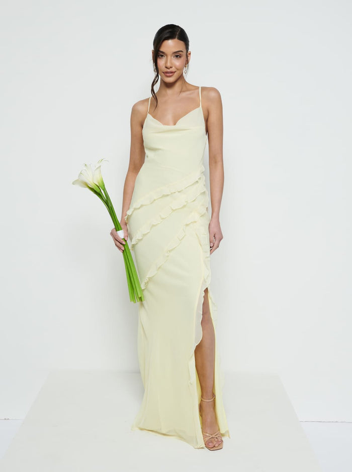 Marina Is 5'7.5" & Wears Size UK 8|Constance Ruffle Chiffon Maxi Bridesmaid Dress - Lemon