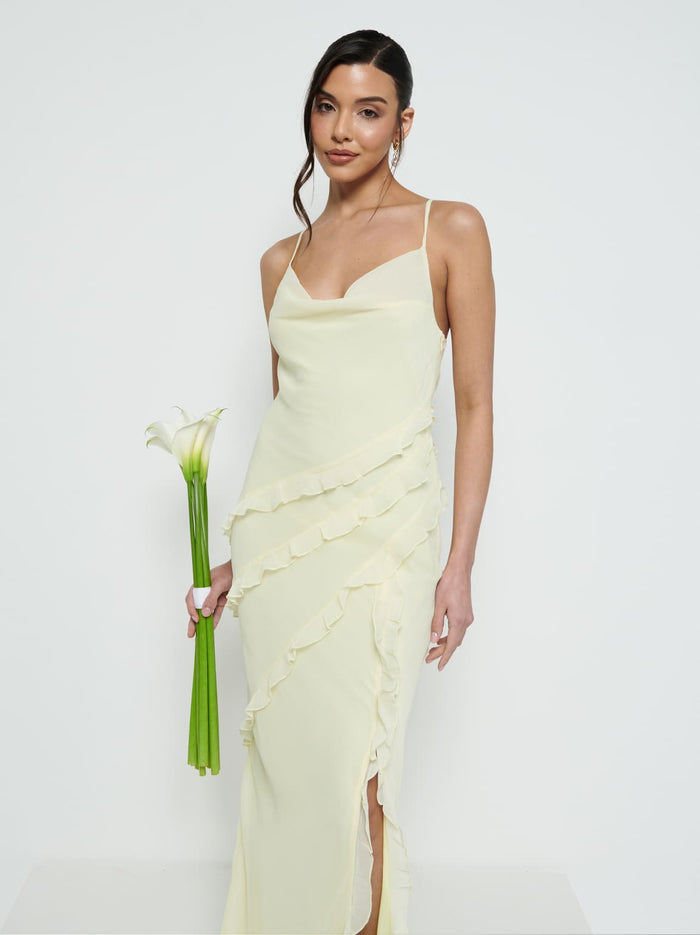 Marina Is 5'7.5" & Wears Size UK 8|Constance Ruffle Chiffon Maxi Bridesmaid Dress - Lemon