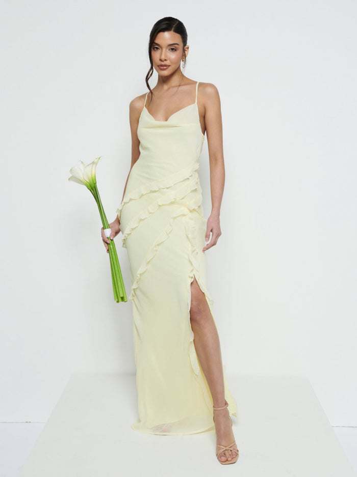 Marina Is 5'7.5" & Wears Size UK 8|Constance Ruffle Chiffon Maxi Bridesmaid Dress - Lemon