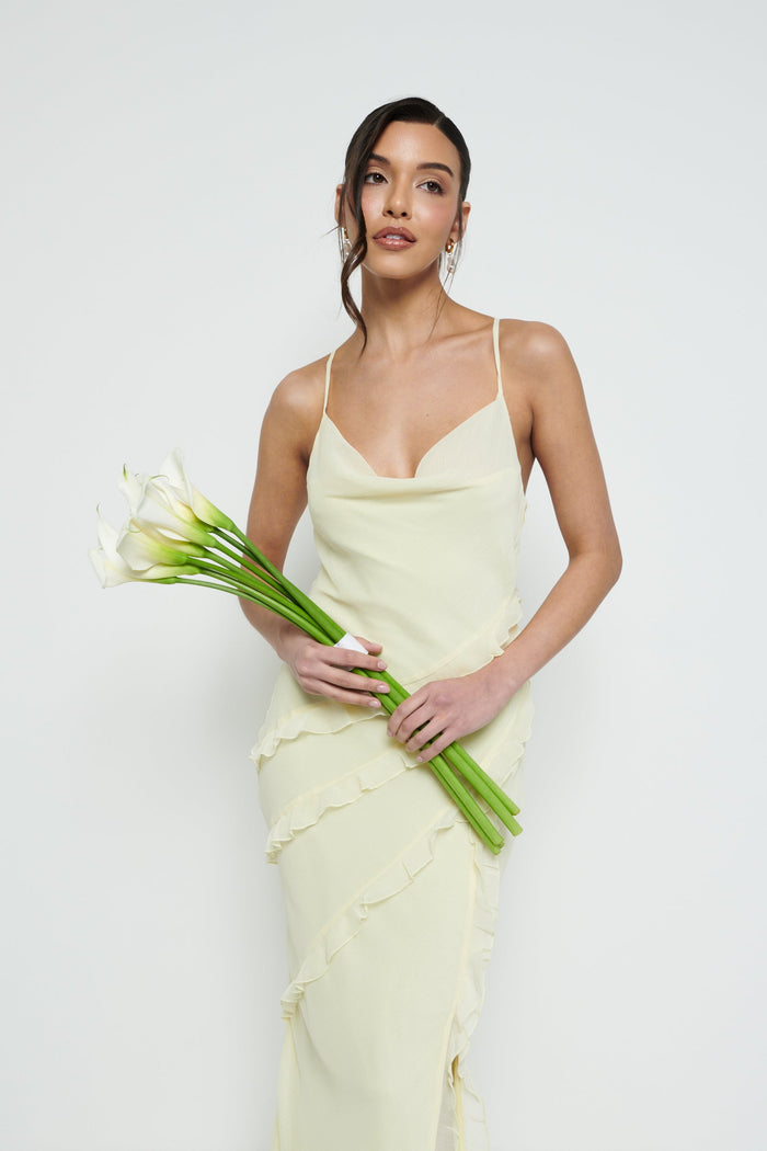 Marina Is 5'7.5" & Wears Size UK 8|Constance Ruffle Chiffon Maxi Bridesmaid Dress - Lemon