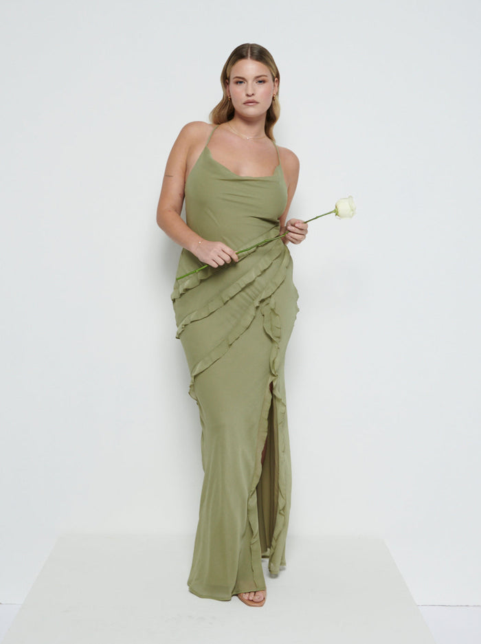Theo Is 5'8.5" & Wears Size UK 12|Constance Ruffle Chiffon Maxi Bridesmaid Dress - Olive