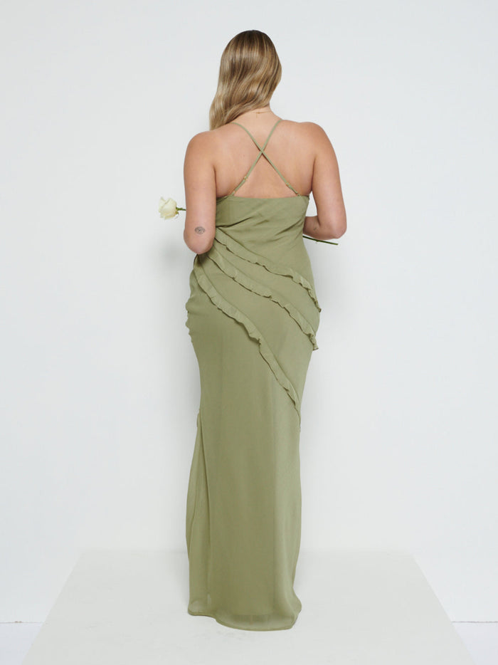 Theo Is 5'8.5" & Wears Size UK 12|Constance Ruffle Chiffon Maxi Bridesmaid Dress - Olive