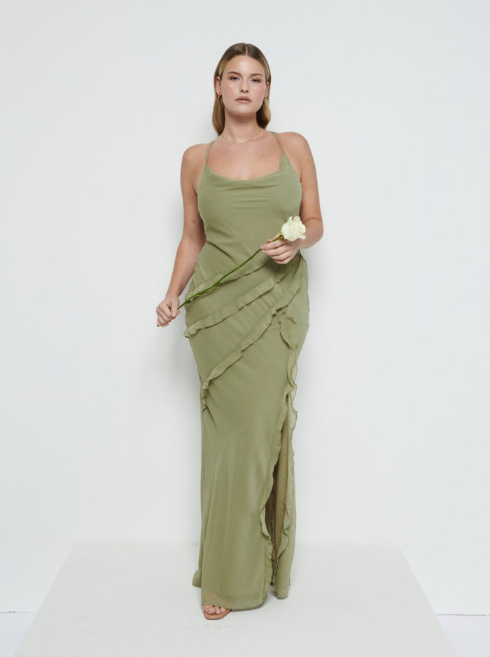 Theo Is 5'8.5" & Wears Size UK 12|Constance Ruffle Chiffon Maxi Bridesmaid Dress - Olive