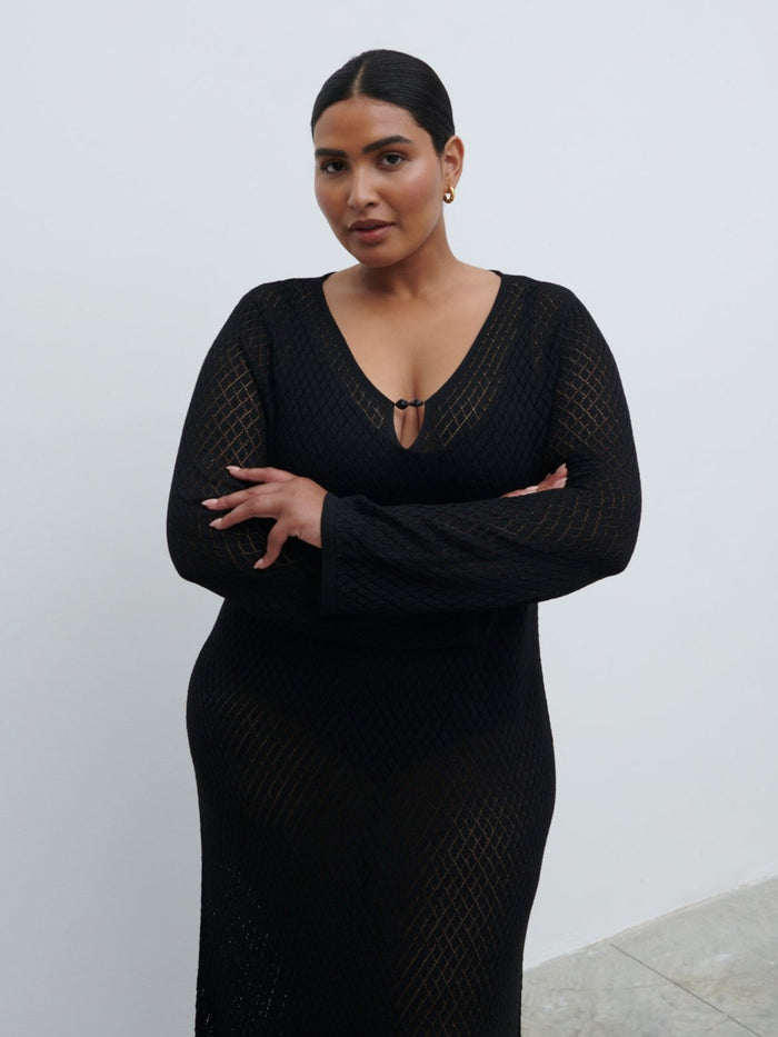 Souki Is 5'8" & Wears Size UK XL|Croisette Knit Beaded Midaxi Dress Curve - Black