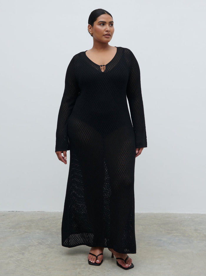 Souki Is 5'8" & Wears Size UK XL|Croisette Knit Beaded Midaxi Dress Curve - Black