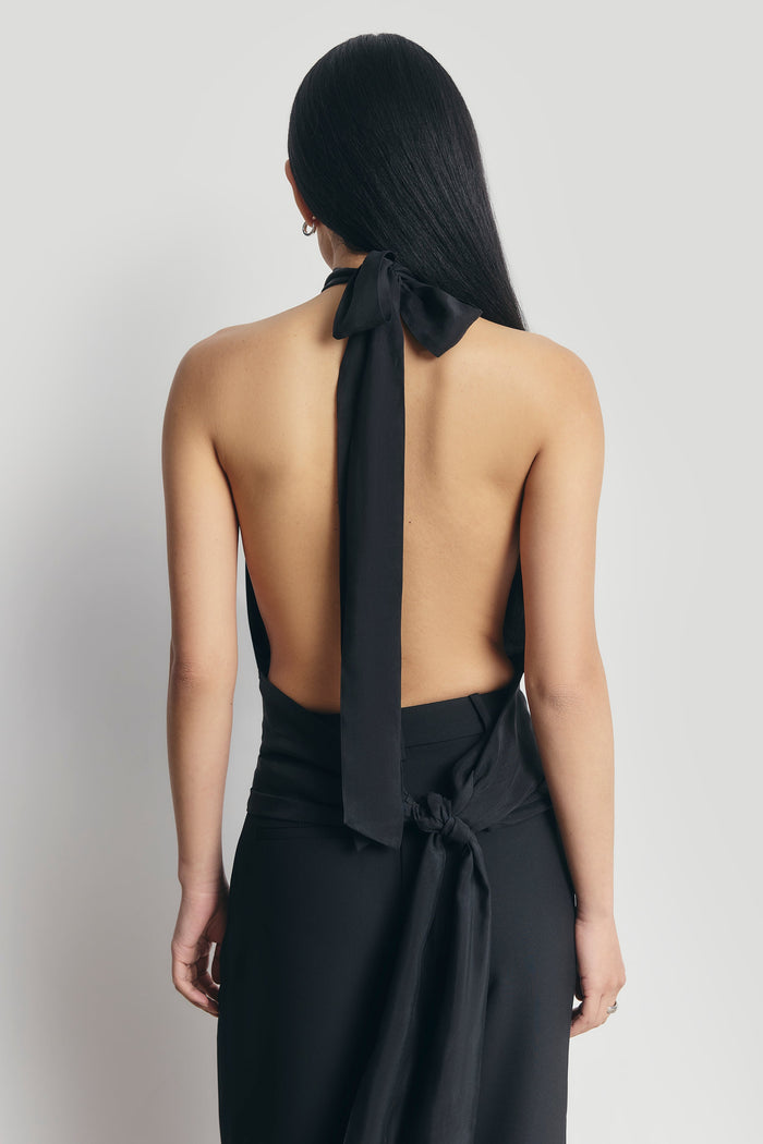 Cupro Backless Belted Halterneck Top - Black