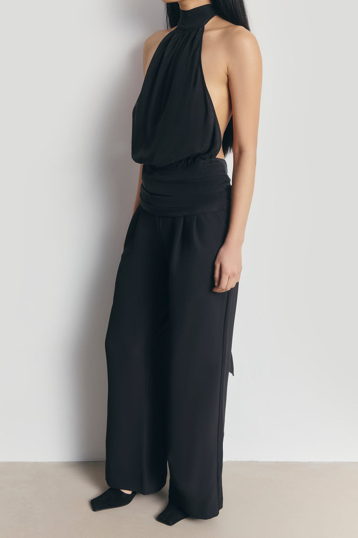 Cupro Backless Belted Halterneck Top - Black