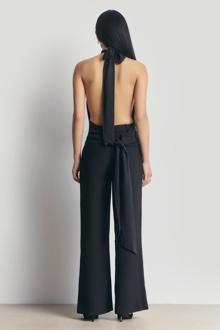 Cupro Backless Belted Halterneck Top - Black