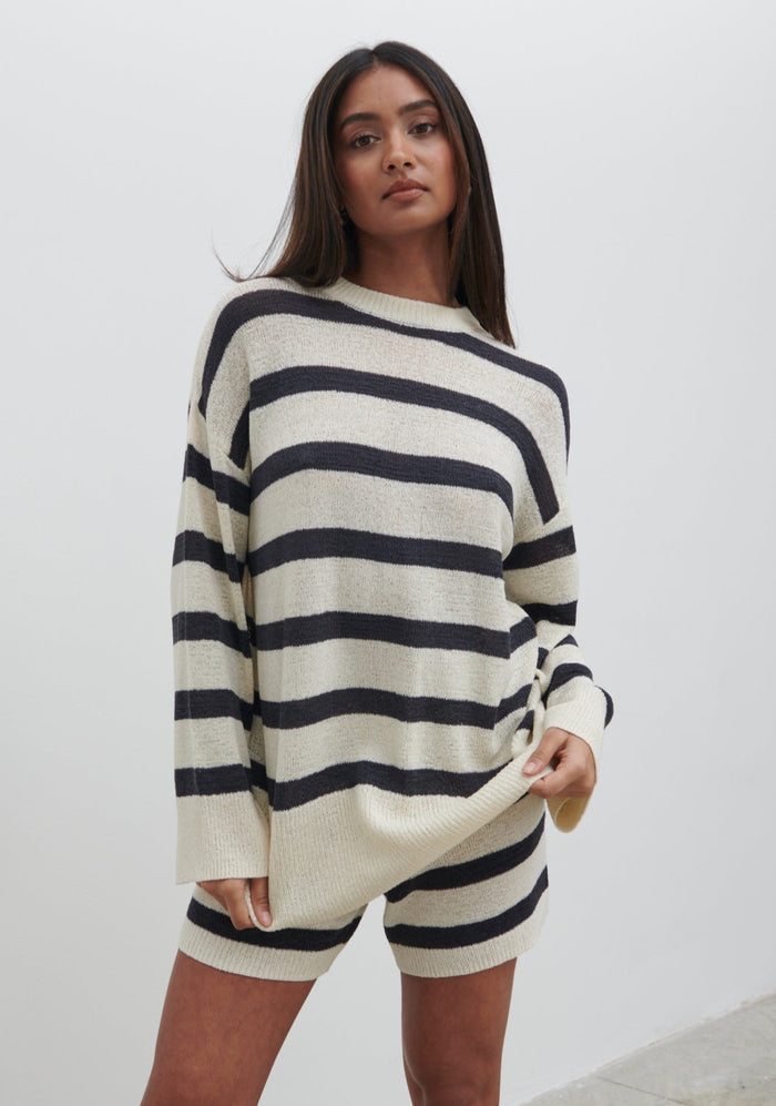Sachi Is 5'7" & Wears Size UK S|Dakota Stripe Knit Shorts - Cream and Navy