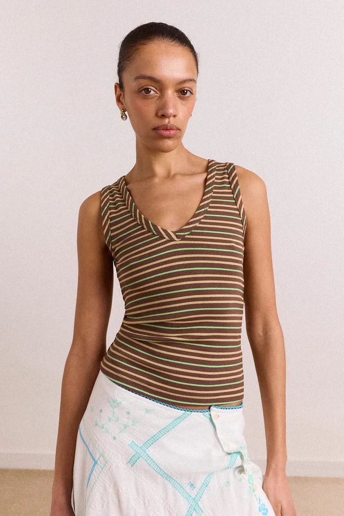 Damson Madder - Arlea V-Neck Tank Brown Stripe - Kalifornia Jean Bar