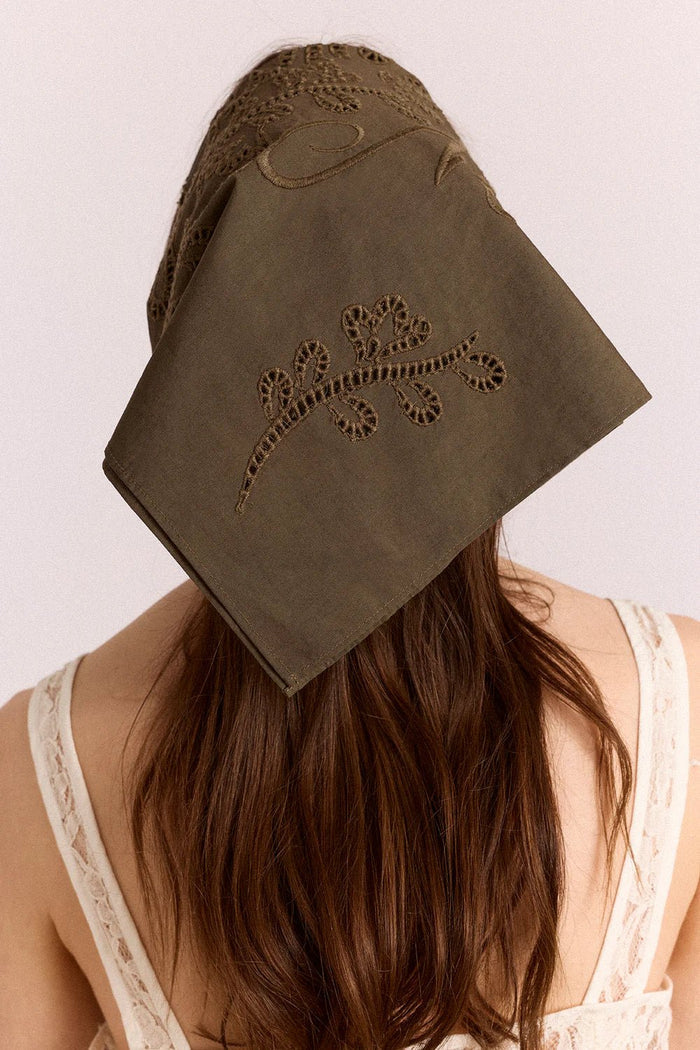 Damson Madder - Embroidered Headscarf Khaki Green - Kalifornia Jean Bar