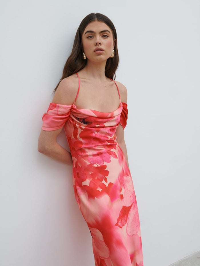 Lauren Is 5'7.5" & Wears Size UK 8|Daria Cowl Slip Maxi Dress - Pink Large Scale Floral