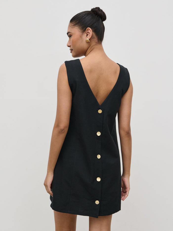 Candy Is 5'6" & Wears Size UK 8|Darla Button Mini Dress - Black