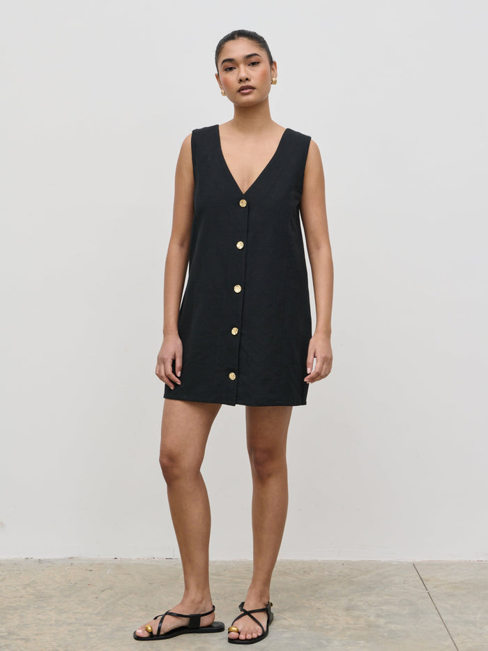 Candy Is 5'6" & Wears Size UK 8|Darla Button Mini Dress - Black