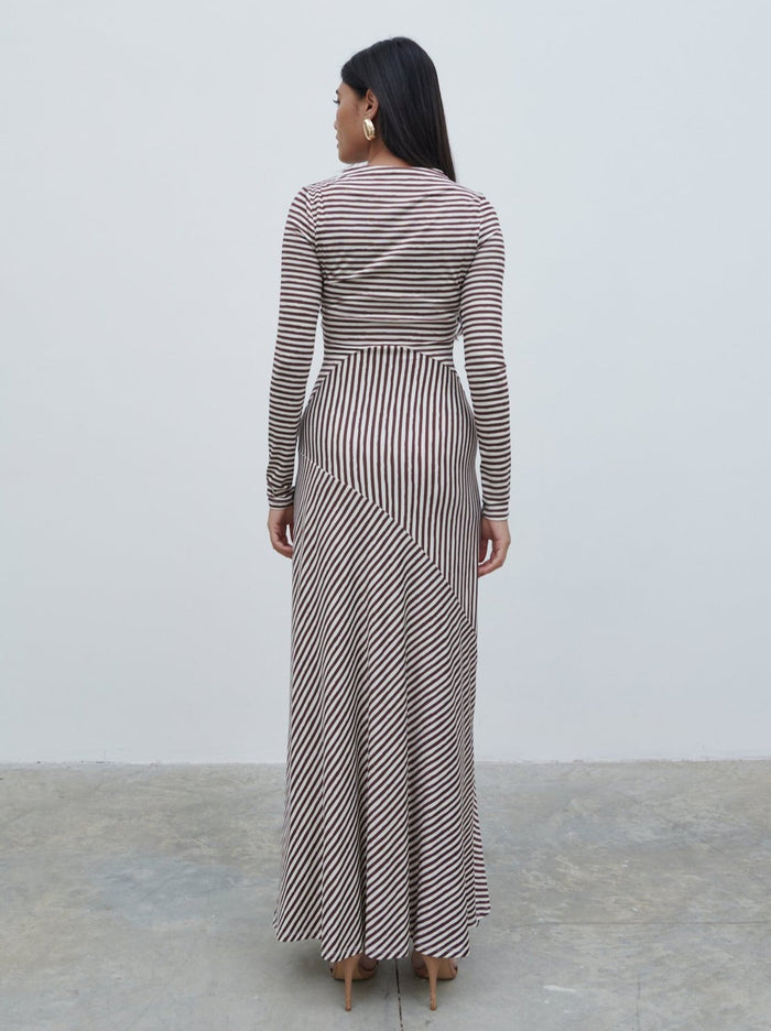 Candy Is 5'6" & Wears Size UK 8|Delilah Asymmetric Jersey Maxi Dress - Brown and Cream Stripe