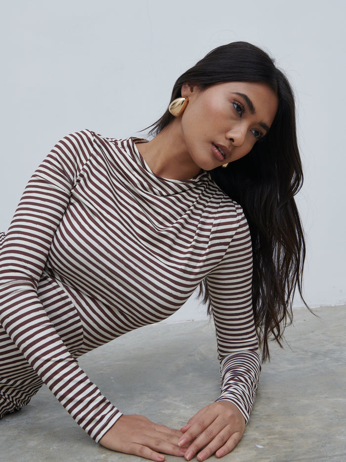 Candy Is 5'6" & Wears Size UK 8|Delilah Asymmetric Jersey Maxi Dress - Brown and Cream Stripe