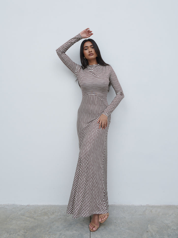 Candy Is 5'6" & Wears Size UK 8|Delilah Asymmetric Jersey Maxi Dress - Brown and Cream Stripe