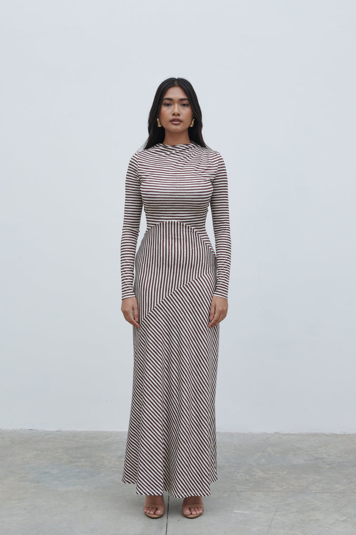 Candy Is 5'6" & Wears Size UK 8|Delilah Asymmetric Jersey Maxi Dress - Brown and Cream Stripe