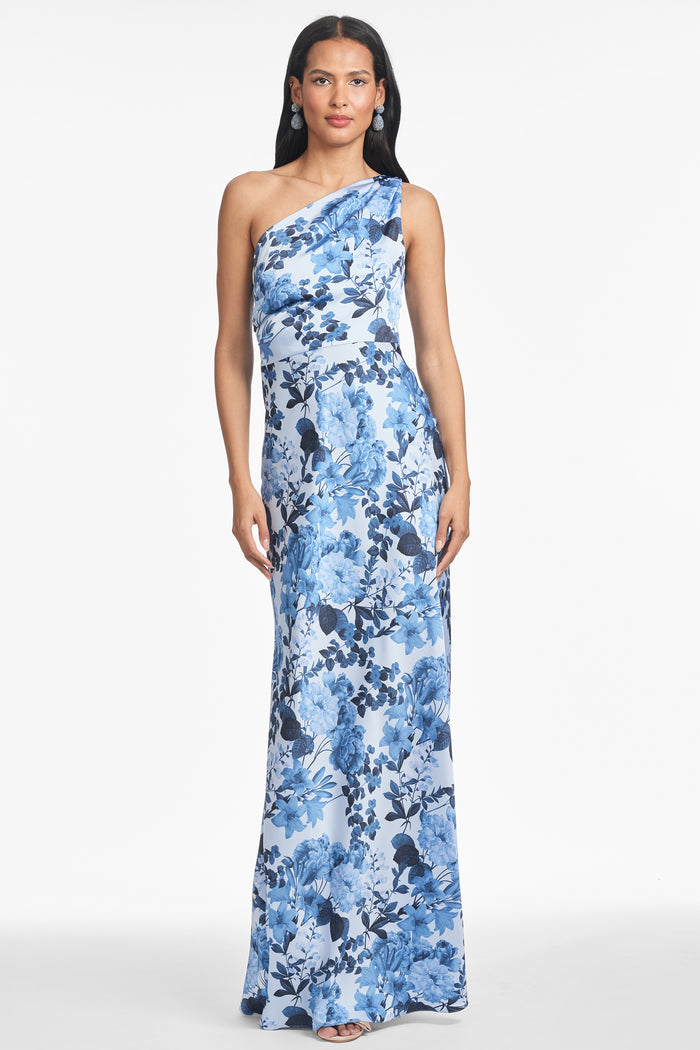 DELPHINE SKY BLUE FLORAL ONE SHOULDER A-LINE GOWN
