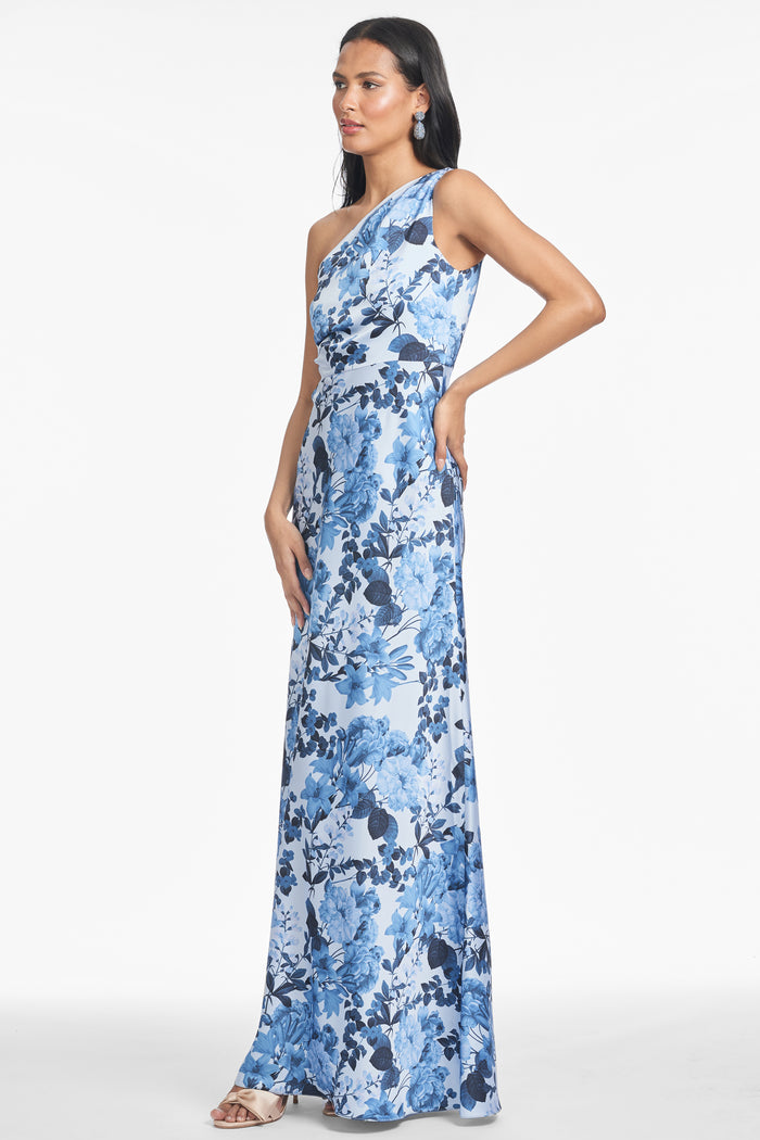 DELPHINE SKY BLUE FLORAL ONE SHOULDER A-LINE GOWN