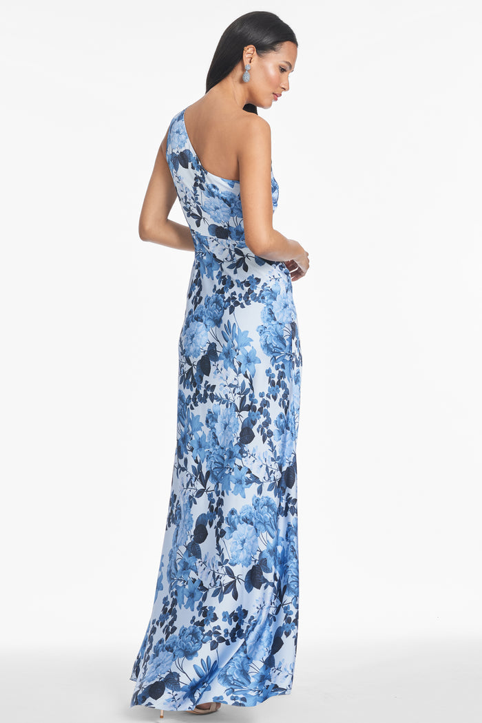 DELPHINE SKY BLUE FLORAL ONE SHOULDER A-LINE GOWN