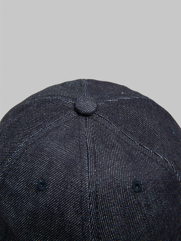denime strong denim baseball cap raw indigo denim closeup