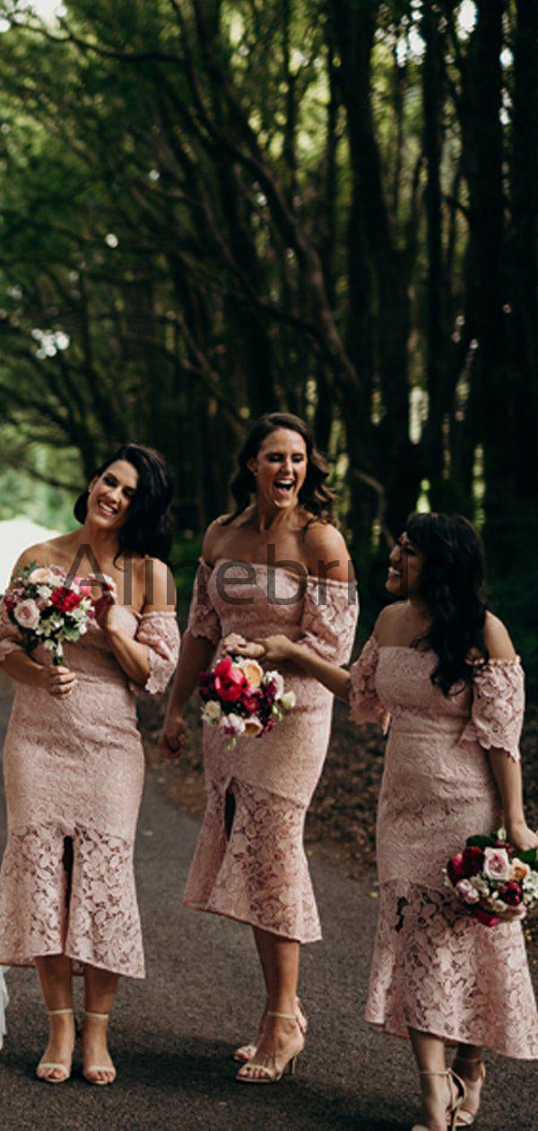 Dusty Pink Lace Off Shoulder Sheath Tea Length Bridesmaid Dresses , AB4123