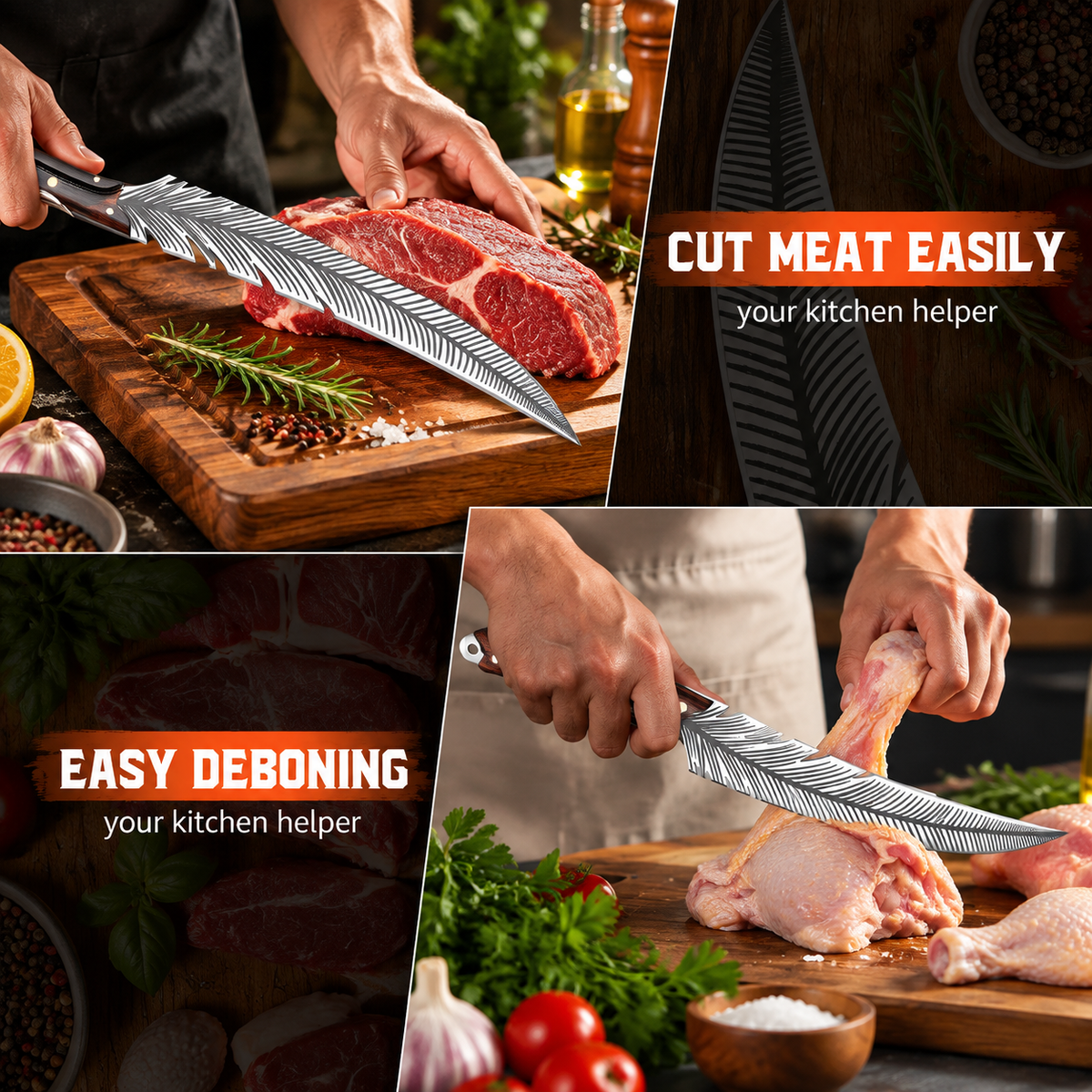 Professional Boning Knife, High Carbon Steel Ultra Sharp Meat Knife with Wooden Handle & Protective Sheath