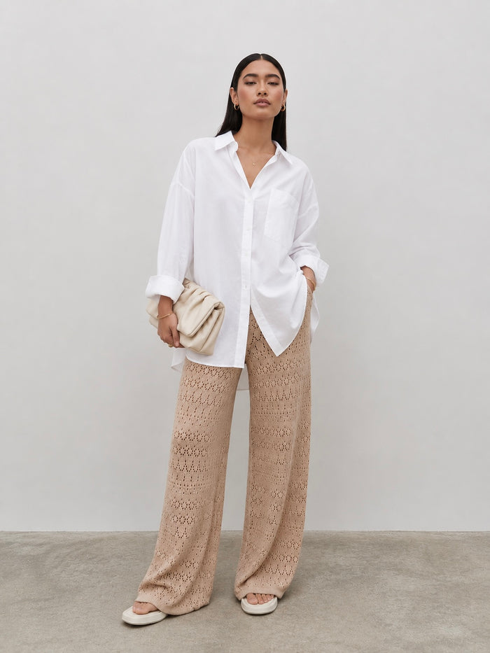 Candy Is 5'6" & Wears Size UK S|Eda Crotchet Knit Trousers - Oatmeal
