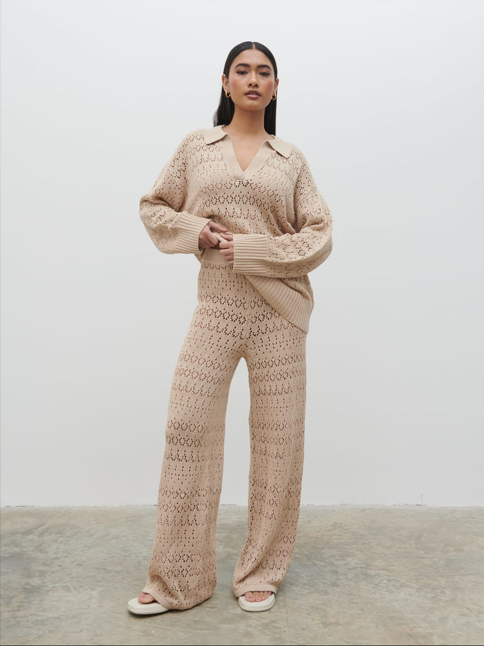 Candy Is 5'6" & Wears Size UK S|Eda Crotchet Knit Trousers - Oatmeal