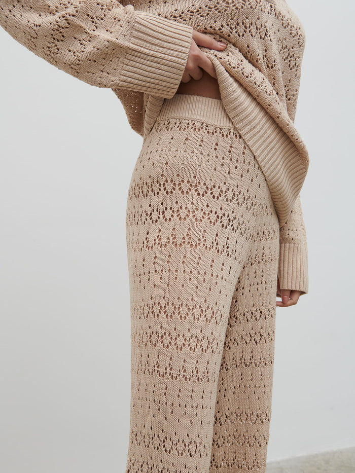 Candy Is 5'6" & Wears Size UK S|Eda Crotchet Knit Trousers - Oatmeal