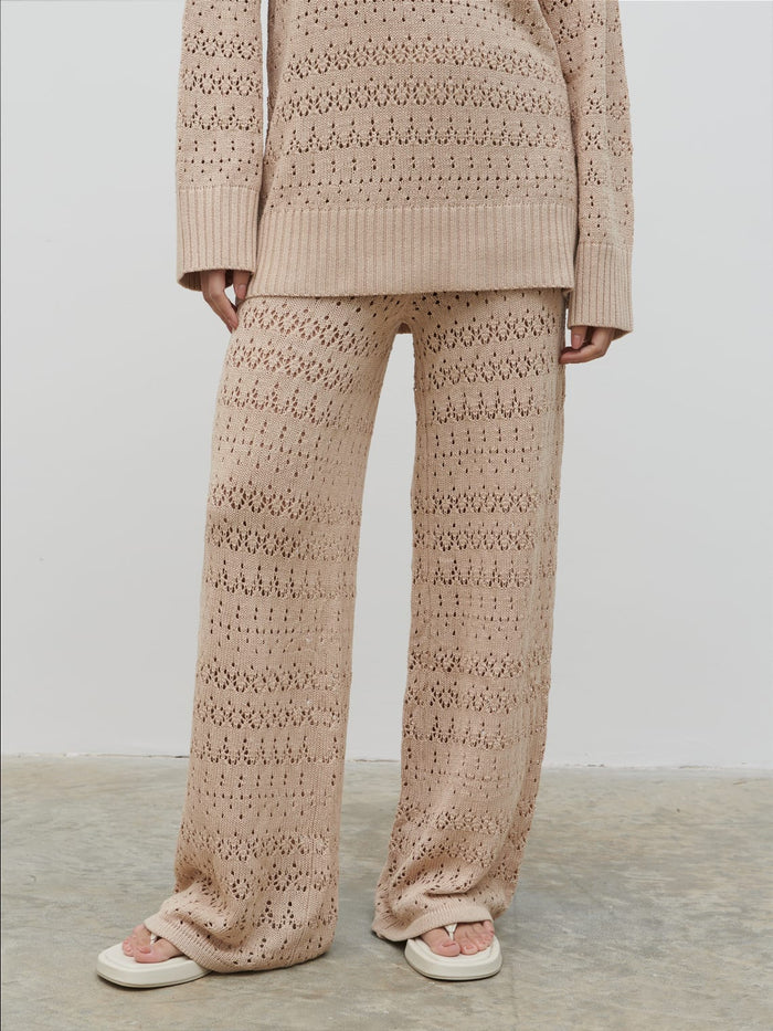 Candy Is 5'6" & Wears Size UK S|Eda Crotchet Knit Trousers - Oatmeal