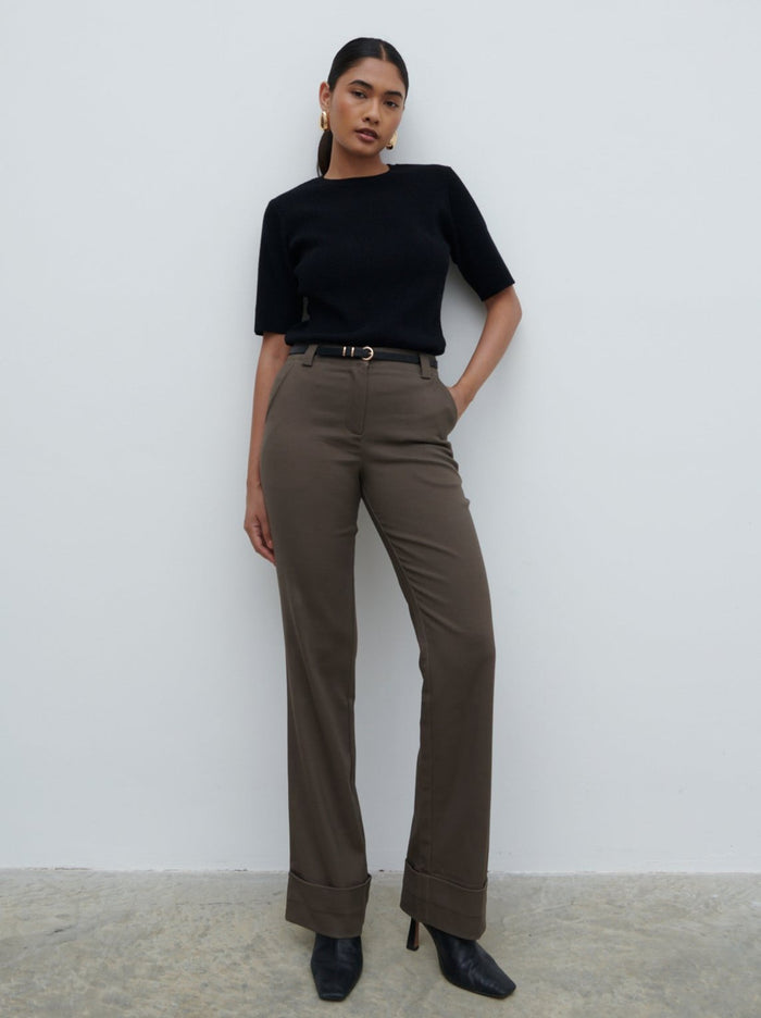 Candy Is 5'6" & Wears Size UK 8|Eddie Turn Up Trousers - Khaki Brown