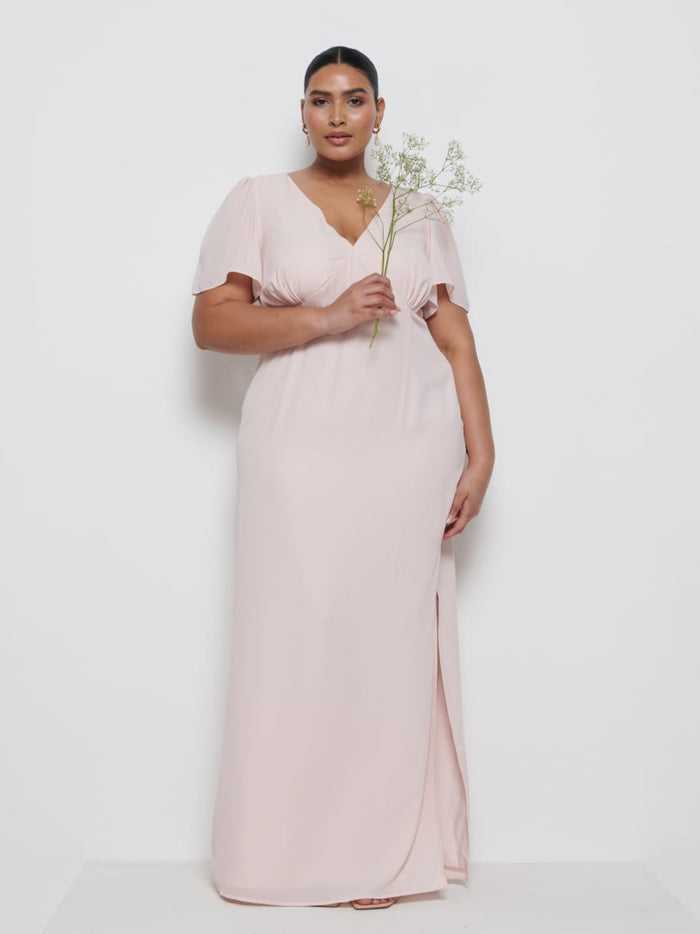 Souki Is 5'8" & Wears Size UK 18|Edie Chiffon Maxi Bridesmaid Dress Curve - Blush