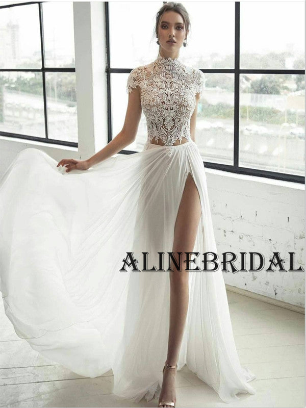 Elegant A-line Lace Top Chiffon Wedding Dresses with Cap Sleeves, WD1204