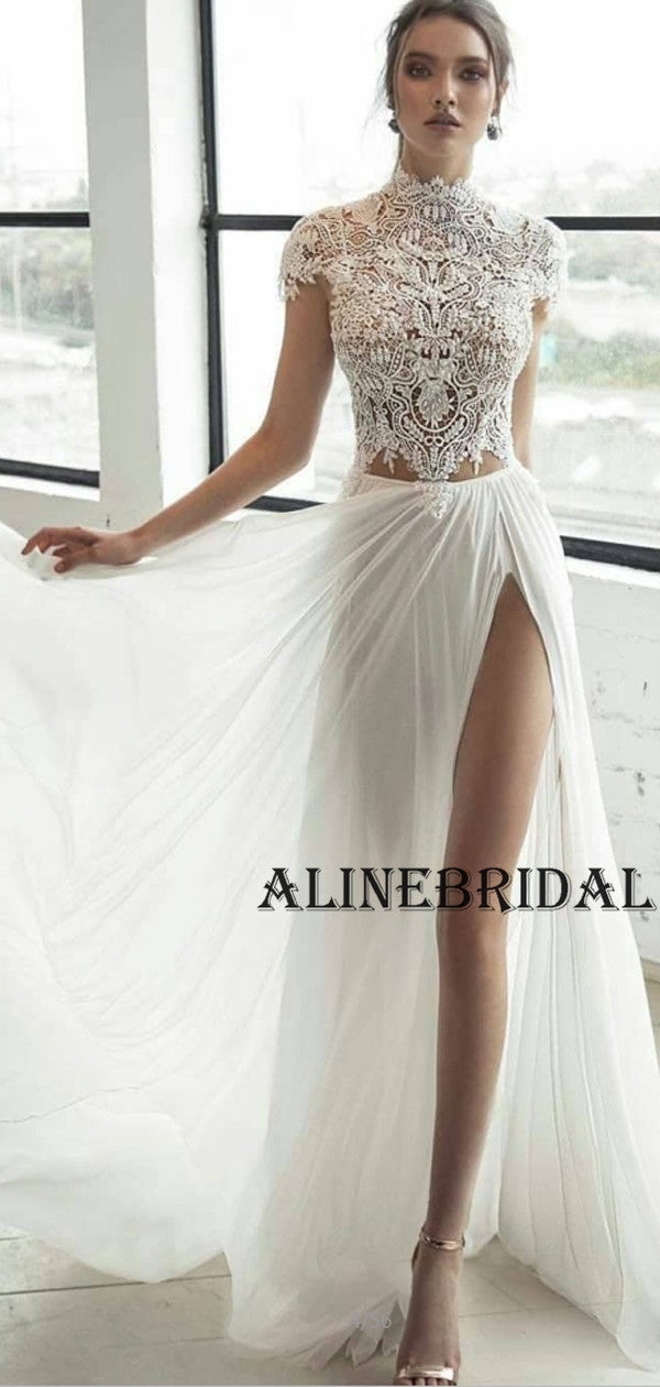 Elegant A-line Lace Top Chiffon Wedding Dresses with Cap Sleeves, WD1204