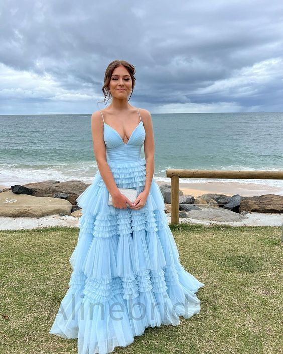 Elegant Blue V-neck A-line Long Prom Dress-Tiered Ruffled Tulle Evening Dress, PD3627