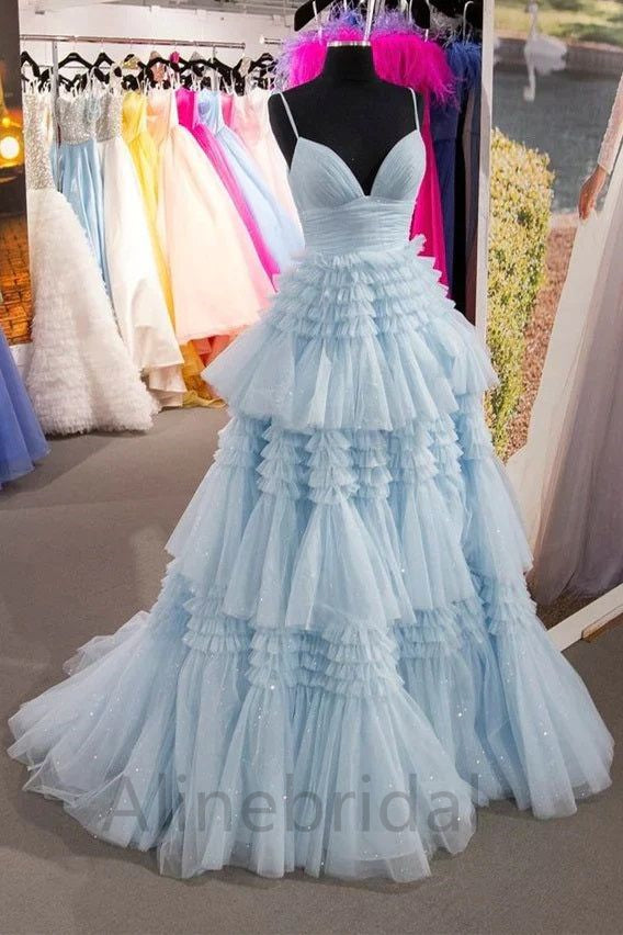Elegant Blue V-neck A-line Long Prom Dress-Tiered Ruffled Tulle Evening Dress, PD3627