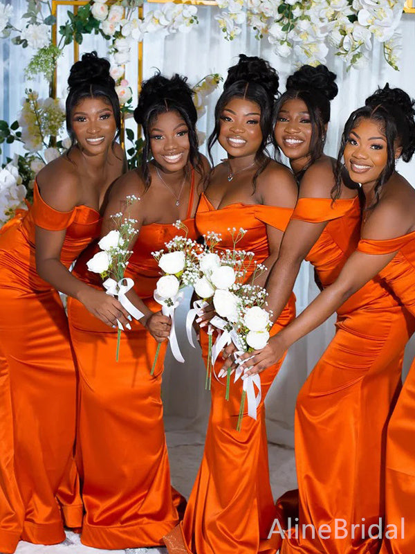 Elegant Burnt Orange Off the Shoulder Mermaid Long Bridesmaid Dress, PD3194