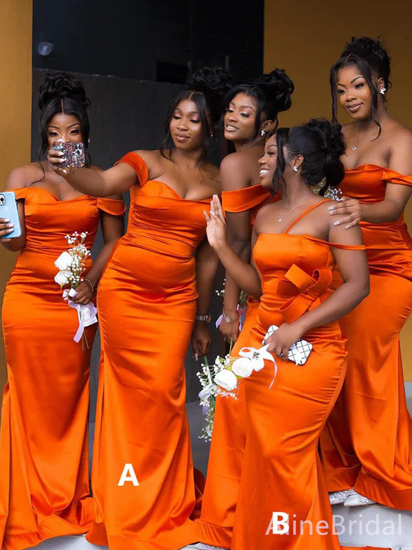 Elegant Burnt Orange Off the Shoulder Mermaid Long Bridesmaid Dress, PD3194